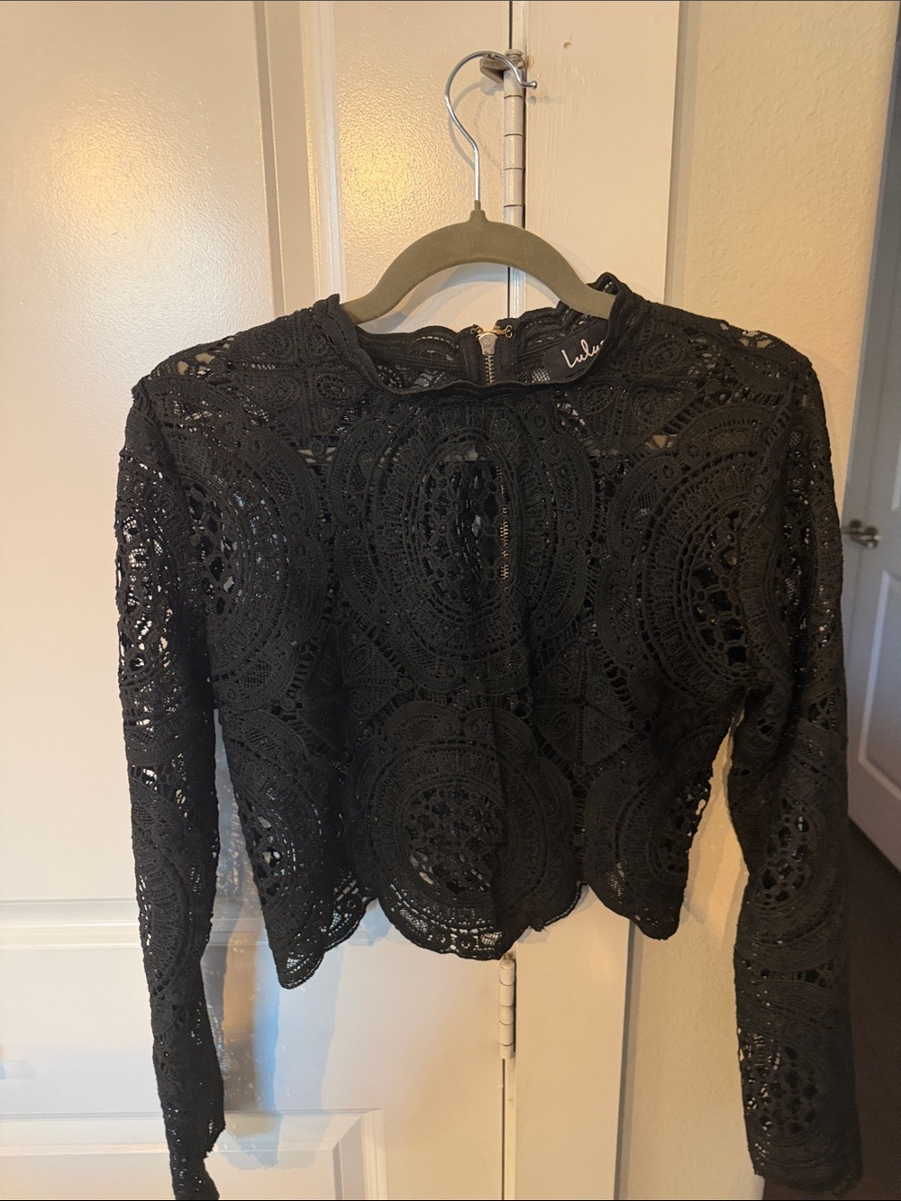 Lulu's Black Crochet Lace Long Sleeve Crop Top